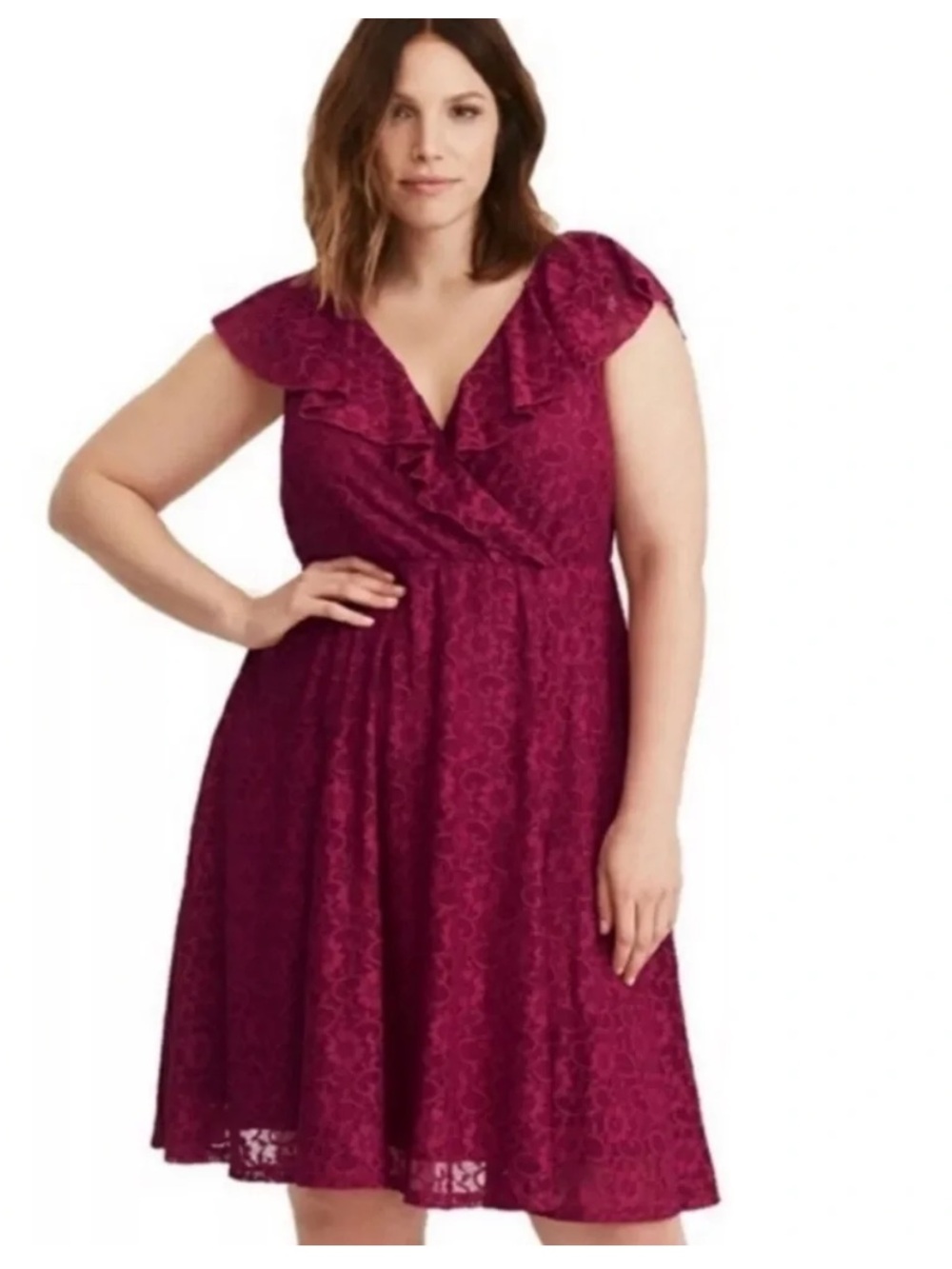 Torrid Magenta Pink Lace Ruffle Skater Dress Plus Size 2x V-Neck Fit & Flare